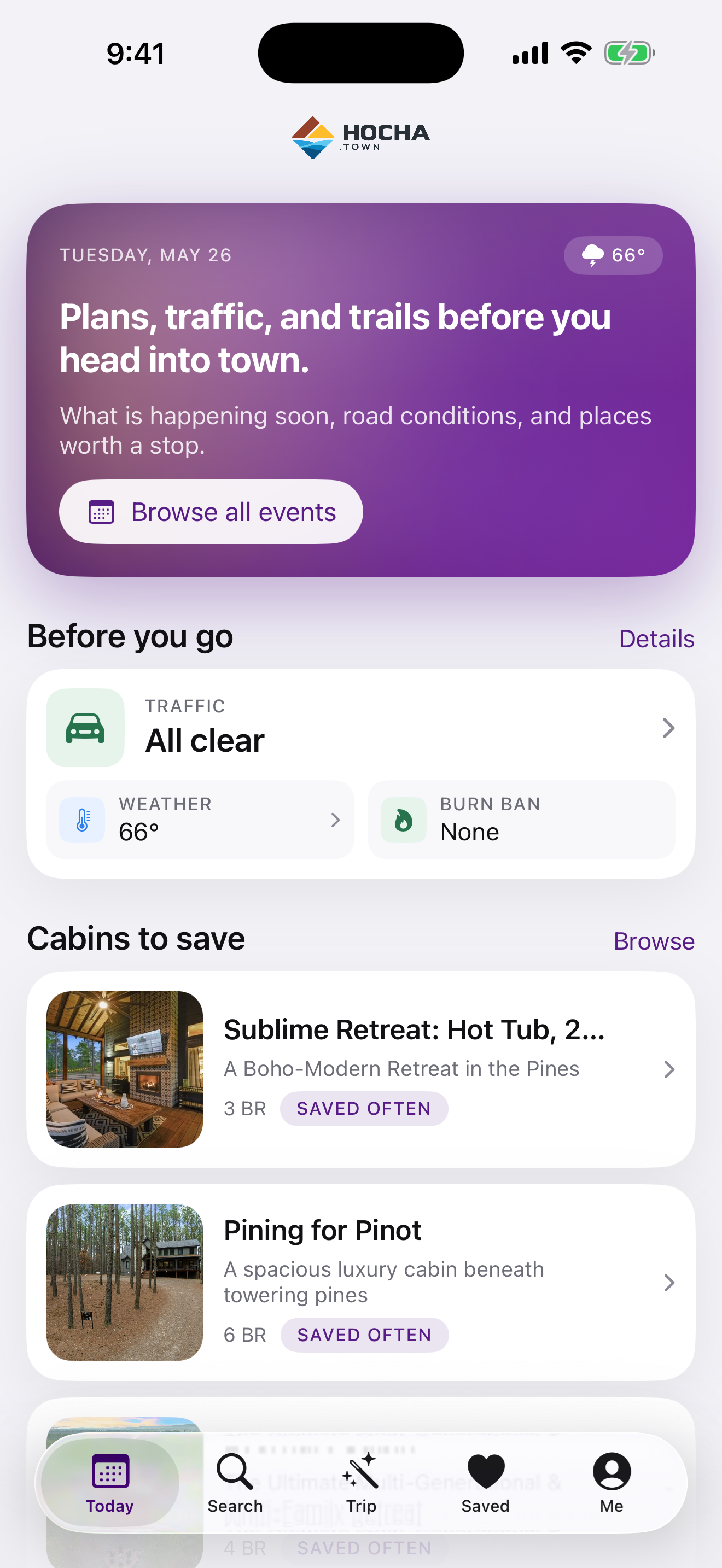 Hocha.town app — Today screen with weather, traffic and cabins to save